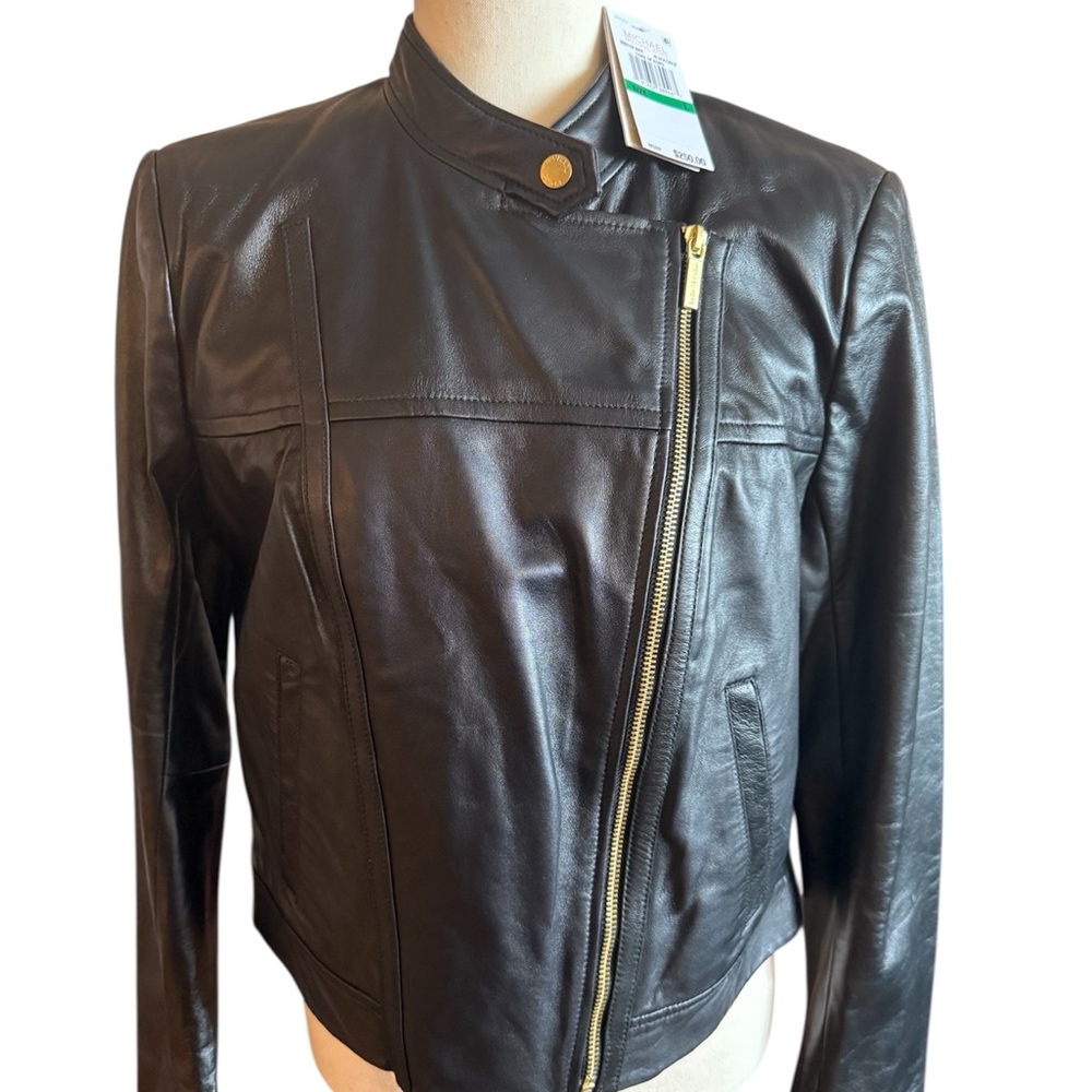 Michael Kors Black Leather Jacket with Gold Accents